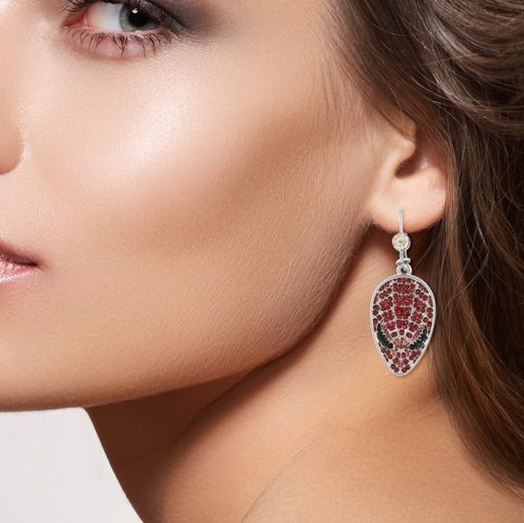 Marvel Spider Man Earrings. Red ruby rhinestones pave, silvertone. Lever back. - Picture 5 of 6